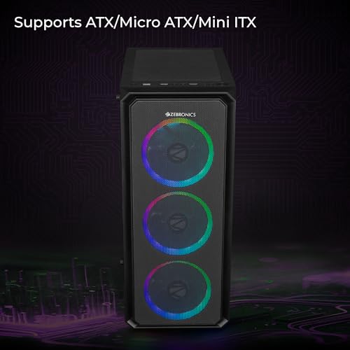 Image of ZEBRONICS Invicta Mid-Tower Premium Gaming Cabinet ATX /MicroATX /MINI ITX, 3X 120mm Front + 1x 120mm Rear Fan, Halo Glow Ring RGB Fans, RGB LED Modes, Tempered Glass Side Panel