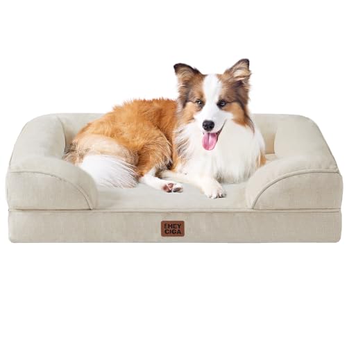 EHEYCIGA Orthopedic Dog Beds for Large Dogs, Waterproof Memory Foam Large Dog Bed with Sides, Non-Slip Bottom and Egg-Crate Foam Pet Couch Bed with Washable Removable Cover, Beige