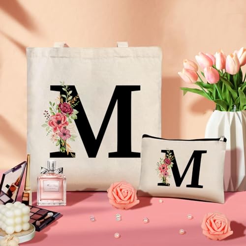 Tarklanda Personalisierte Baumwolltasche Initial Canvas Tote Bags, Tragetasche mit Buchstaben, Initialen Einkaufstaschen Kosmetiktasche Geschenk für Frauen Mama Kollegin zum Geburtstag, Muttertag (M)