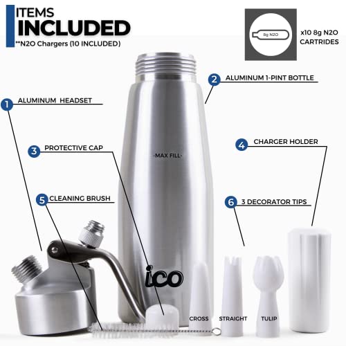 ICO Professional Aluminum Whipped Cream Dispenser for Homemade Whipping Cream, Whipped Cream Maker for Desserts, Dips, Sauces, and Infused Liquors, Silver, 1-Pint with 10 Chargers - Thumbnail 2