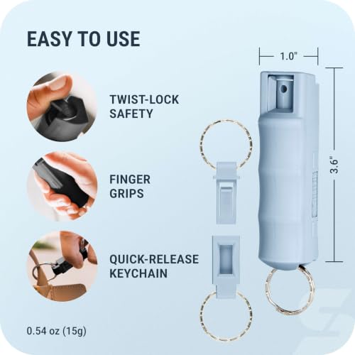 Image of Sabre Pepper Spray with Quick Release Keychain for Self Defense - Maximum Police Strength OC Spray with UV Marking Dye, Twist Lock Safety, Finger Grip, 10‑Second Spray, 14‑ft Range, Made in USA