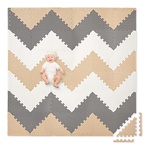Image of Play Platoon Non-Toxic Extra-Thick 96 Piece Triangle Play Mat - Comfortable 6x6ft Cushiony Foam Floor Puzzle Exercise Mat for Kids & Toddlers - Sand, Gray & Cream