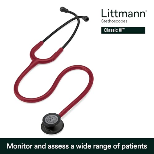 Image of 3M Littmann Classic III Monitoring Stethoscope, 5868, More Than 2X as Loud, Weighs Less, Stainless Steel Black-Finish Chestpiece, 27 inch Burgundy Tube, Black Stem and Headset