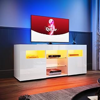 ELEGANT TV Stand Cabinet White Gloss 120cm, TV Unit with LED Lights, Modern Storage Cabinet with 2 Glass Shelves and 2 Doors, Handleless Design, TV Cabinets for Living Room Bedroom