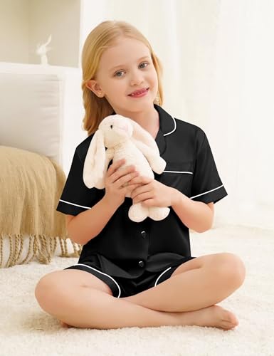 SWOMOG Silk Pajamas for Kids Girls Satin Pj Set Boys Sleepwear Button Down Short Sleeve Loungewear 2 Pieces4