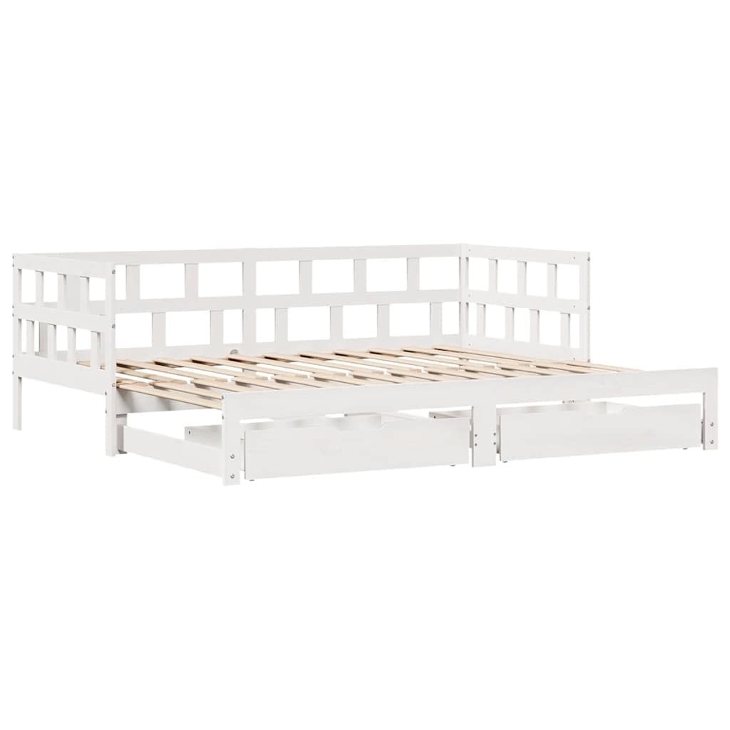 Rozkładane łóżko dzienne z litego drewna sosnowego, sofa 2 w 1 z 2 szufladami do przechowywania, biała rama łóżka 90 x 200 cm, uniwersalny mebel bez materaca, pokój gościnny i salon
