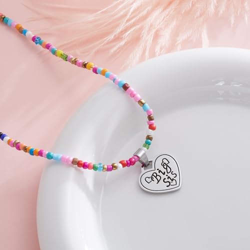 Image of Big Middle Little Sister Mom 2 Daughters Heart Colorful Beaded Necklaces | 3Pcs matching sister pendant set, meaningful friendship & family jewelry, ideal gift for BFF, sisters, mom & daughter
