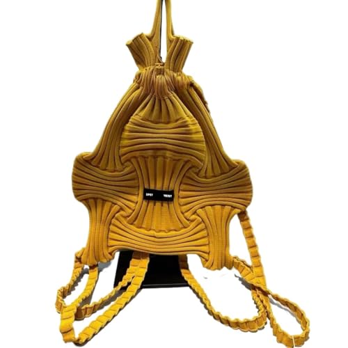 Korean Woven Pleated Double Shoulder Drawstring Bag - Large Capacity Knitted Backpack for Women(Yellow) - Main Image