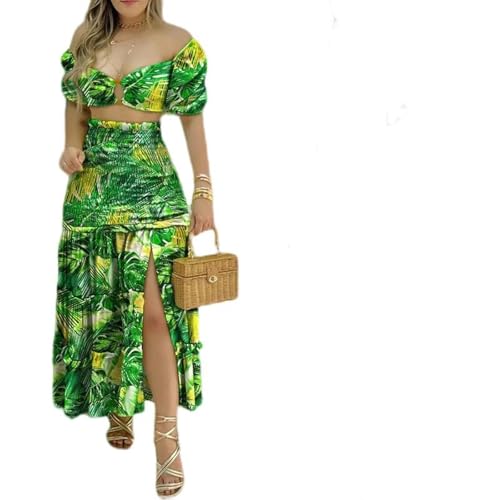 Mode européenne et américaine Nouveau Costume de Jupe irrégulière Fendue imprimée à Une épaule-Impression de Fond Vert-XL