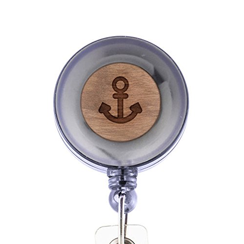 MODERN GOODS SHOP Nautical Anchor Id Badge Holder - Wooden ID Holder - Laser Engraved Design Custom ID Holder - Clip On Belt/Pocket Retractable ID Badge Holder