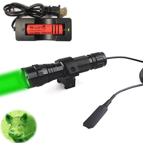 WINDFIRE Waterproof CREE Green Light LED Coyote Hog Hunting Light Lamp Tactical Flashlight Torch with Pressure Switch and Rail Rifle Mount for Picatinny AR (18650 Battery and Charger Included)