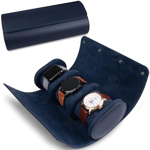 RoYiio Boîte à montres cylindrique à 3 emplacements - Étui de voyage vintage pour hommes et femmes - Version améliorée bleue