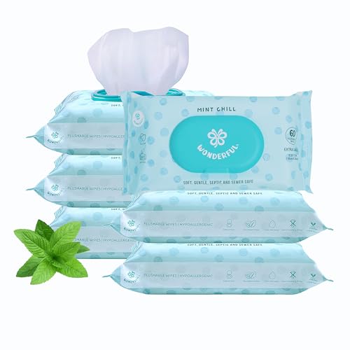 WONDERFUL Flushable Wipes 6-Pack (360 Wipes) - Mint Chill Wet Wipes for Adults & Kids, Hypoallergenic, Biodegradable, Sewer & Septic Safe, Gentle for Sensitive Skin - Bulk Pack for Bathroom & Travel