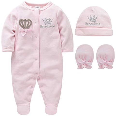 kavkas Baby Footies Velour Romper Newborn Sleep and Play Sleepsuit for Baby Girls and Boys Winter Clothing Set with Hat and Gloves, Pink, 0-3 Months Cover
