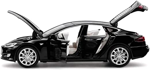 Image of DEOXY 1:32 Scale Tesla Model S Die-Cast Toy Car - Black Electric Car Model with Openable Doors, Hood & Trunk, Pull Back Action, Light & Sound Effects - Metal Body for Kids (Black)
