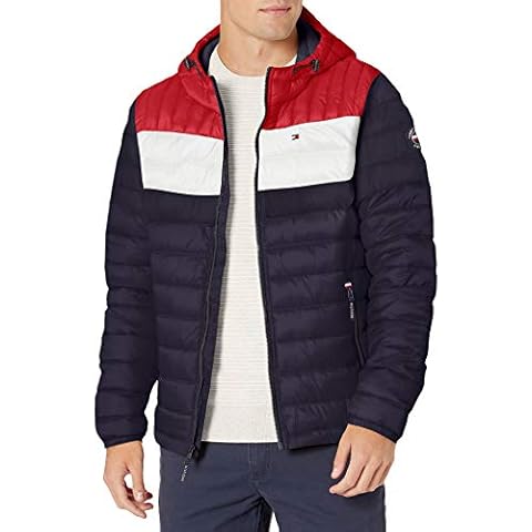 Tommy Hilfiger Men's Water Resistant Ultra Loft Filled Hooded Puffer Jacket, Midnight/Ice/Red Flag Colorblock, X-Large Cover