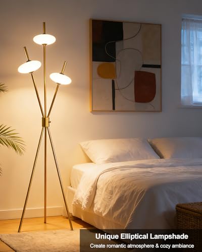 Image of Lightdot Tripod Floor Lamp Stepless Dimmable Gold Standing Tall Lamps with 3PCS Elliptical Lampshades Mid Century Modern Floor Lamps for Living Room /Bedroom /Sofa Beside /Corner Decor