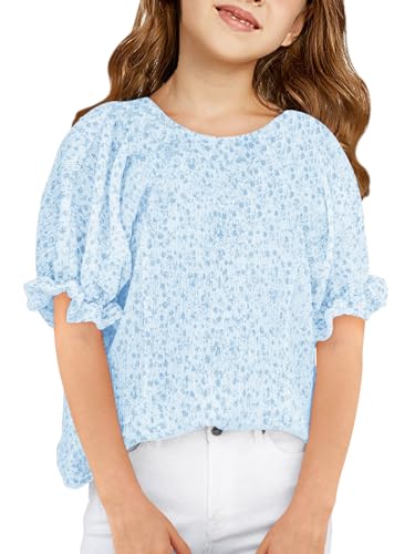 Girls Floral Puff Short Sleeve Shirts Summer Cute T Shirts Tops 5-14 Years