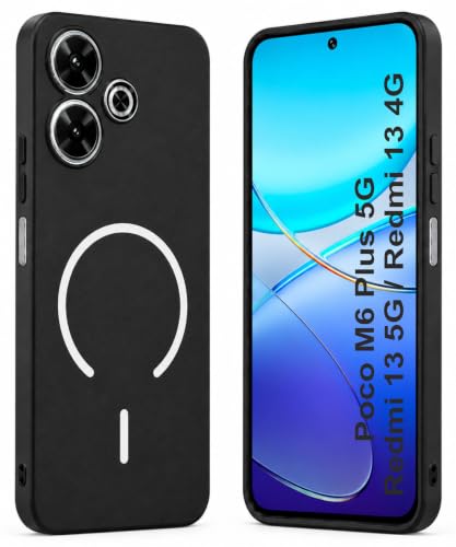 Image of SBMS Silicone Back Cover Case for Redmi 13 5G / 13 4G / Poco M6 Plus 5G | Soft Micro-Fibre Lining Inside | Magsafe Print On Back Side Camera Protection Bump | Shockproof Case Redmi 13 (Black)