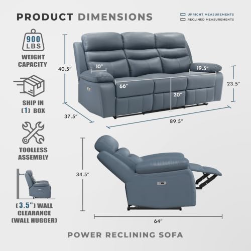 Image of Lexicon Recliner Sofa for Living Room, Double Reclining RV Couch, Power Wall Hugger Recliner Home Theater Seating Leather Match Reclining Sofa, with USB Charge Port, 86.5''W Sofa, Blue