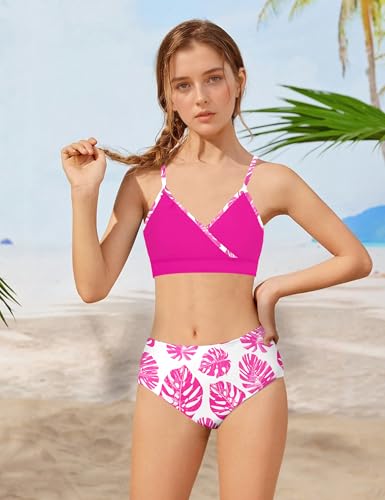 Image of Oranchids Girls Swimsuit Girl Bathing Suit Size 8-10 3 Piece Tropical Print V Neck Bikini Set with Cover Up Pants Bathing Suits for Girls Size 10 Swimsuit Hot Pink Size 9-10