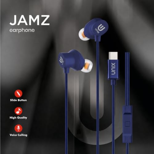Image of Unix JAMZ Type-C Earphones with 10mm Dynamic Driver, Super Bass Boosted Sound, in-Ear Headphones with Mic, 1.2m Cable, Noise Isolation Earbuds for Android Phones, Tablets & Type-C Devices - Blue