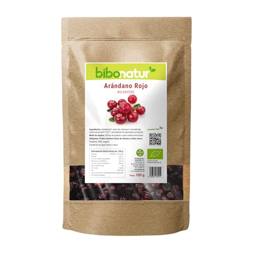 Arándanos Rojos enteros con Sirope Manzana Bio 100 gr. Antioxidante Natural. Apto para Dieta Vegana. Procedentes de agricultura Ecológica.