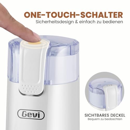 Gevi Kaffeemühle, schnelles Mahlen, einstellbarer Mahlgrad, Bohnenmesser aus Edelstahl, Sicherheitsabdeckung, Anti-Rutsch-Füße,weiß – Bild 5