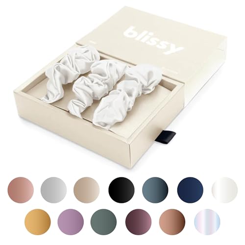 Image of Blissy Silk Scrunchies (3 Pack) - 100% Pure Mulberry Silk - 22 Momme 6A High-Grade Fibers Scrunchie for Straight & Curly Hair (White Regular)