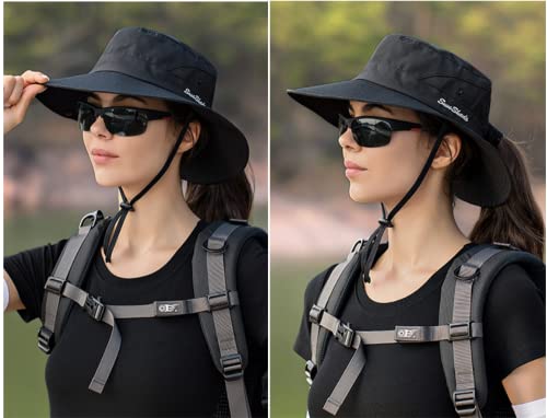 Womens Outdoor Sun Hat Breathable Packable Boonie Wide Brim Bucket Cap Fishing Hiking Ponytail Hole (Pure Black) #TOP1