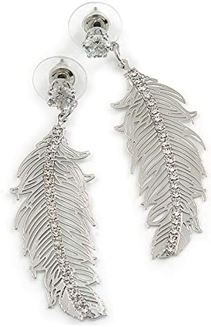 Silver Tone Clear Crystal Delicate Feather Drop Earrings - 50mm Long, silver, white / ivory - Image 4