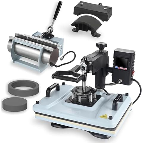 PlanetFlame Heat Press Machine 12x15 Inch, 360° Swing Away 5 in 1 Heat Transfer Machine, Multifunctional Heat Transfer Press Machine with 30OZ Tumbler Attachment for Hat/Plate/T-Shirt/Mug, Blue Cover