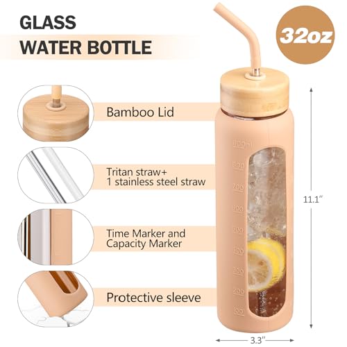 Image of 32oz Glass Water Bottle with Straw and 2 Lids, Amber