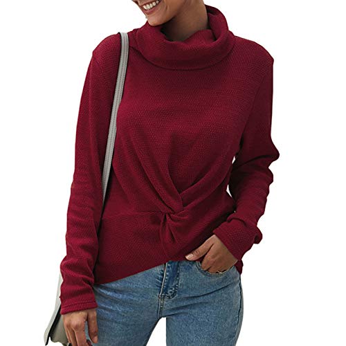 Romacci Suéter feminino de tricô com gola rolê e manga comprida, Vermelho, XL