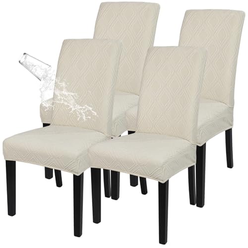 SearchI Waterproof Dining Room Chair Covers Set of 4, Stretch Parsons Chair Slipcovers Removable Washable Kitchen Chair Protector Cover for Dining Room, Hotel, Banquet(Beige,4PCS)