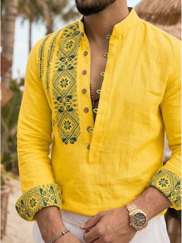 Image of DEELMO Men's Cotton Blend Mandarin Collar Self One Design Full Sleeve Casual Short Kurta