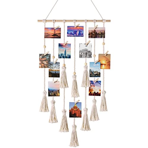 Image of ecofynd Cotton Photo Display Wall Hanging Picture Organizer, Boho Aesthetic Home Decor with 20 Wooden Clips, Bohemian Frame for Bedroom Living Room Decorative Items (BH006)