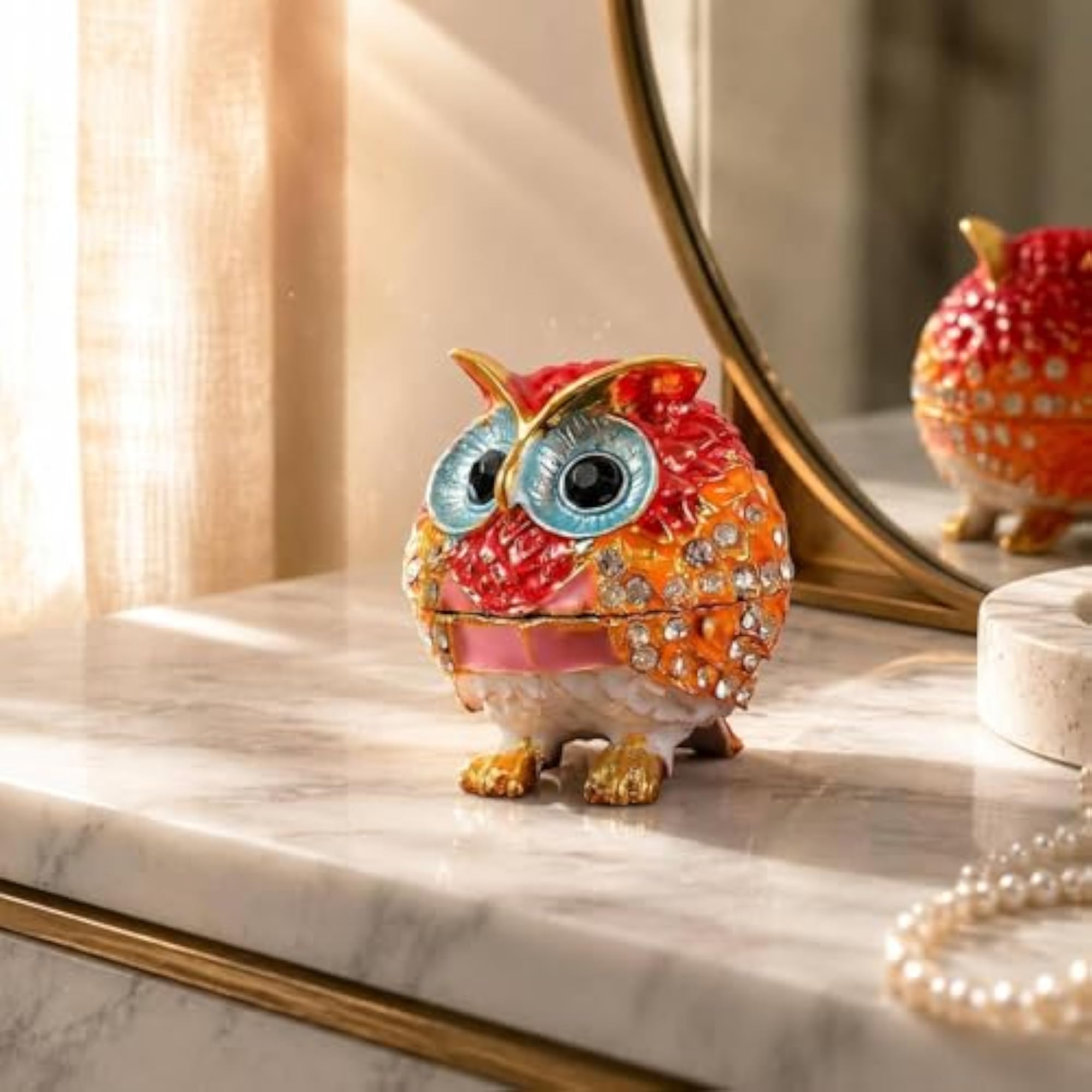 Gold-Tone Faceted Owl Trinket Box for Decor