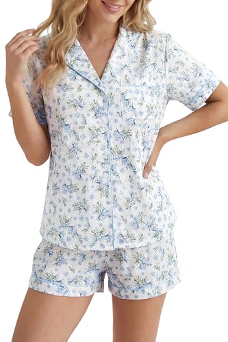 Image of LUBOT 100% Cotton Pajamas for Women 2 Piece PJ Set Poplin Woven Lightweight Ladies Button Short Sleeve Sleepwear S-XXL