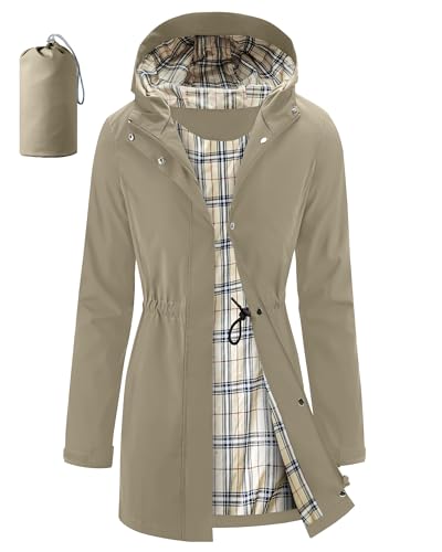 iCreek Women's Rain Jacket Packable Long Raincoat Hooded Plaid Lined Trench Coat Waterproof Windproof Lightweight for Outdoor (Khaki, M)