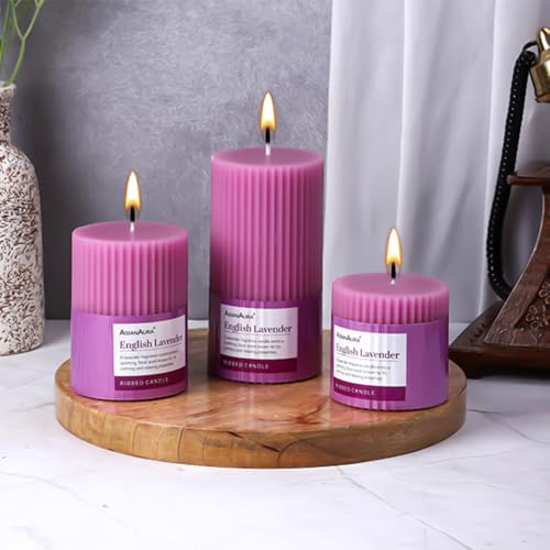 Image of ASIAN AURA Ribbed Pillar Candles - Pack of 3 | Scented Candles for Home Decor, Gifting & Festive Use | Long Burn time up to 36hrs | Clean-Burning Wax & Smokeless Flame (Lavender)