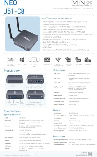 Image of MINIX NEO J51-C8 Mini Computer 8GB RAM 256GB NVMe SSD Windows 11 Pro | Dual 2.5G LAN /USB-C /Triple Display /4K /Aluminum PC /Wi-Fi6 /Auto Power On /PXE Boot /RTC /Vesa Mount for Commercial & Home Office