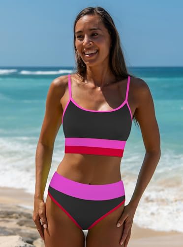 popvil Women Bikini Sets Two Piece Bathing Suit - Sporty High Waisted Swimsuit Cheeky Modest Ribbed Neon Bikini4