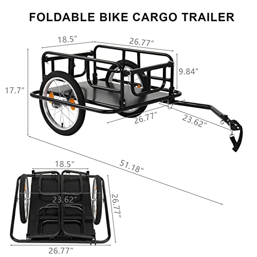Image of PEXMOR Foldable Bike Cargo Trailer with Universal Bike Hitch, Bicycle Wagon Trailer with 16 inch Wheels & Reflectors, Large Loading Bike Trailer Storage Cart