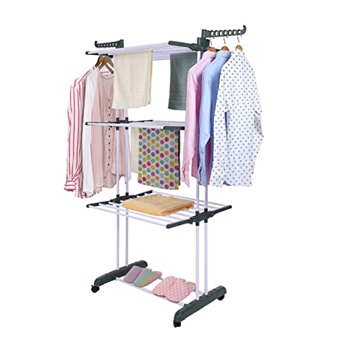 Ecoodisk Vloerhanger Multifunctionele 3 Planken Opvouwbare Kledinghanger Landing met 2 Vleugels Airer Waskledingrek, Grijs