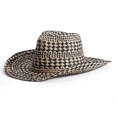 Image of Men's Cowboy Hats Summer Women Beach Cowgirl Hat Raffia Unisex Western Sun Hat
