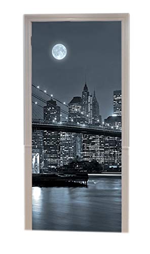 A.Monamour Sticker Porte Autocollant Poster de Porte 3D New York Brooklyn Bridge Manhattan Skyline La Nuit Monochrome Vinyle Affiche de Porte Sticker Mural...