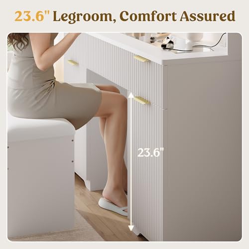 Fluted White Makeup Vanity Desk with Mirror and Lights, Glass Top 48\" Wood Vanities w/Charging Station, Dressing Table w/3 Drawers & 2 Large Storage Cabinets, Dustproof Organizer for Bedroom(White)