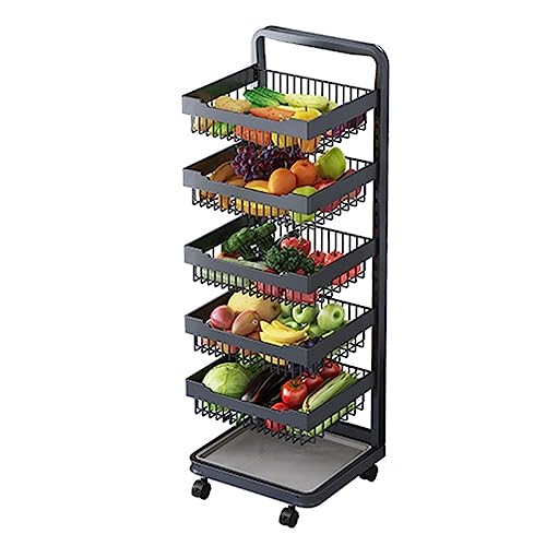 Carrito de almacenamiento con ruedas de 5 niveles, multiuso, para cocina, sala de estar y baño, estante versátil de despensa con asa y cesta para frutas y verduras, diseño elegante