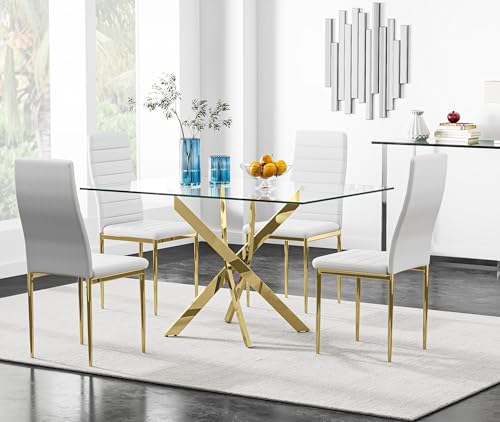 Image of 5 Piece Glass Dining Table Table Set, Tempered Glass Dining Table Set for 4 Kitchen Table Set with 4 Upholstered Chairs for Kitchen Dining Room (Gold Leg Table with Gold Leg Chair)